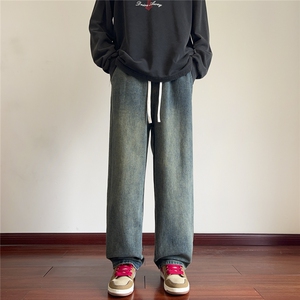 美式高街抽绳牛仔裤男秋冬款潮牌宽松直筒裤男生痞帅垂感微喇长裤图片