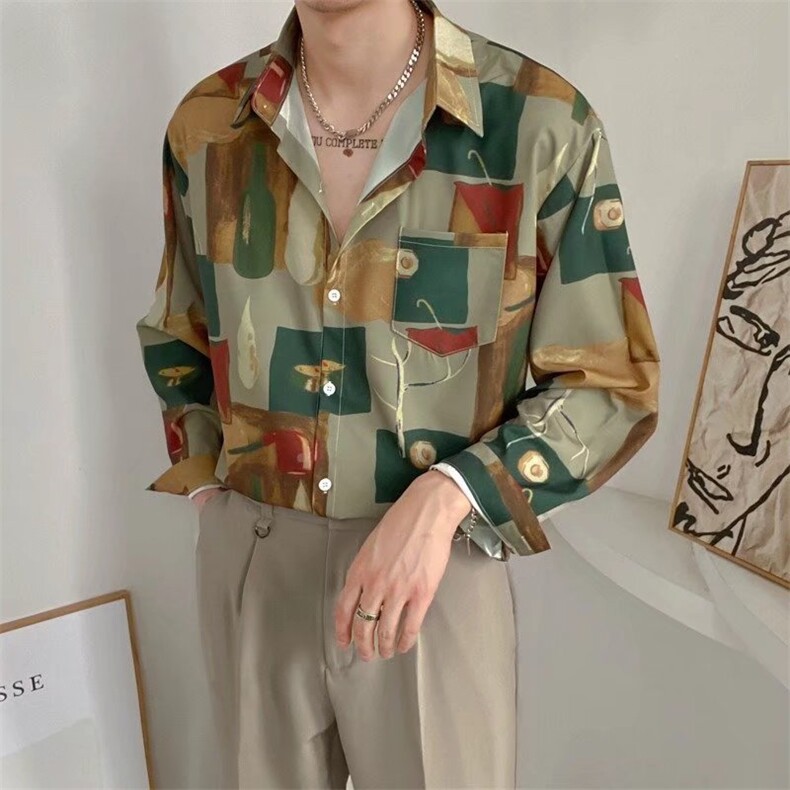 秋装抽象印花衬衫港味韩版男小众长袖花色衬衣雪纺上衣LSU07P30，男装衬衫，星座1013-5