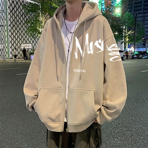 H181P70加绒75美式卫衣外套秋冬款潮牌宽松男装连帽拉链开衫衣服图片