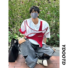 夏季小众解构撞色设计感短袖垫肩T恤男红白拼接高级感重磅半袖t恤，男装T恤，四季星座505