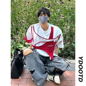 夏季小众解构撞色设计感短袖垫肩T恤男红白拼接高级感重磅半袖t恤图片