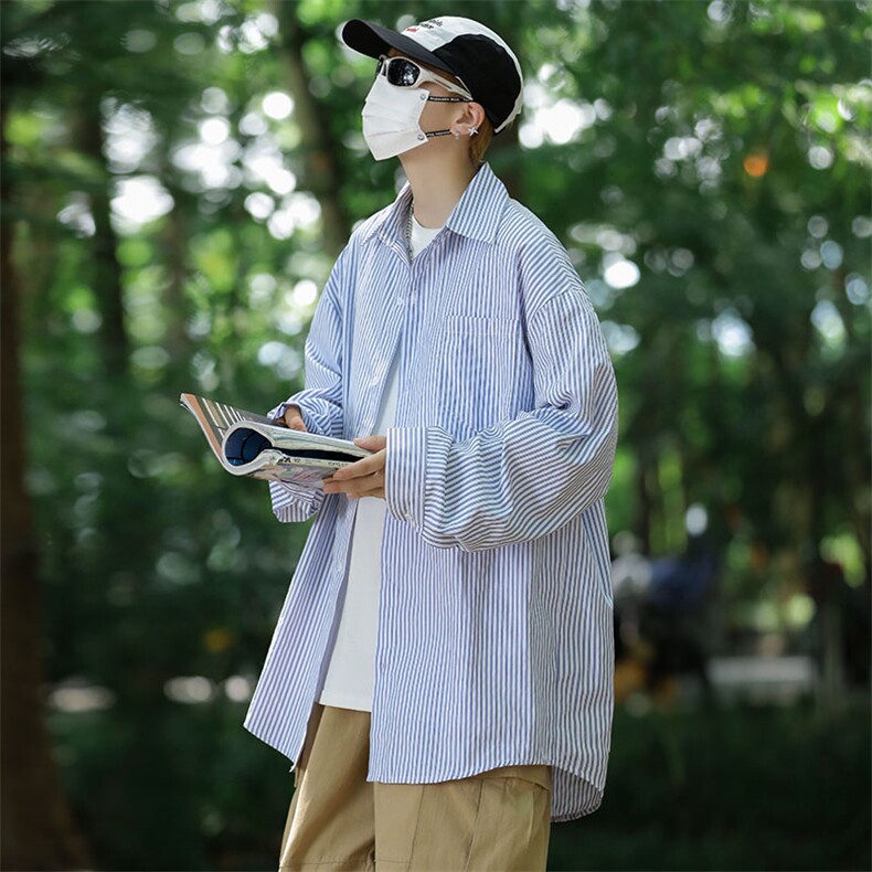 盐系衬衫雾霾蓝轻熟风男装搭配春秋穿搭ins超火服条纹衬衣-C3005,男装衬衫,星座601-2
