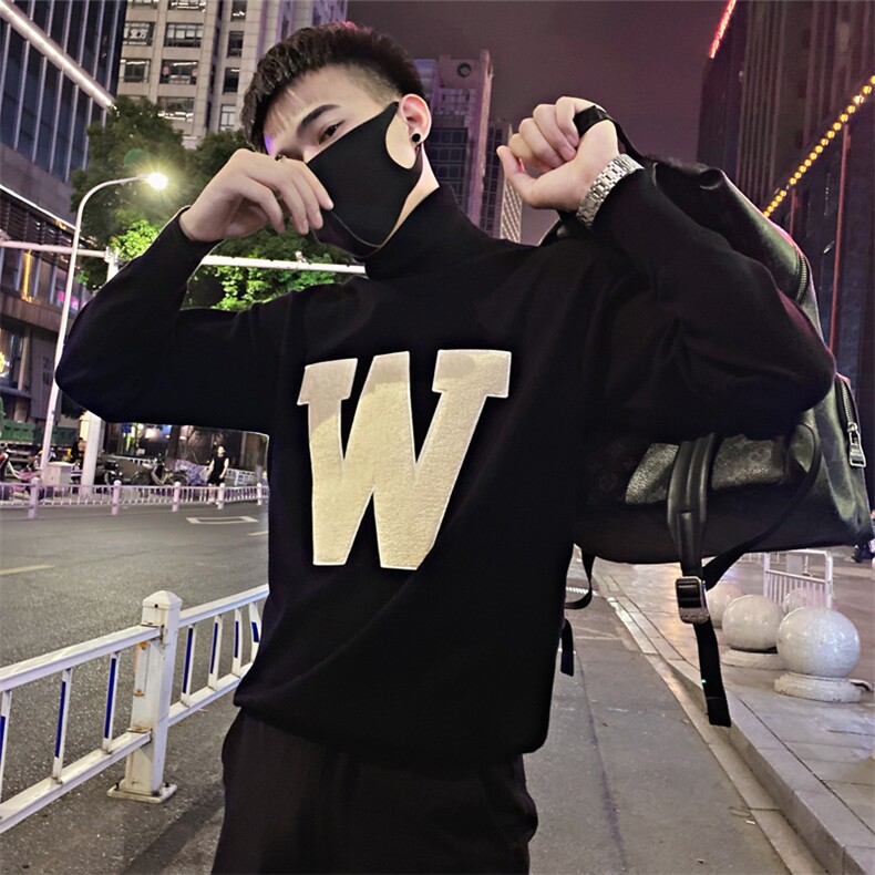MY56/特P88控118冬季韩版百搭刺绣大字母W高领套头毛衣男黑首1,男装针织衫/毛衣,星座305B