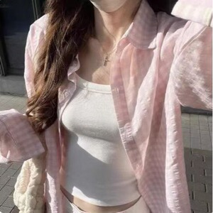 甜美粉色格子衬衫女2025春夏季新款设计感小众宽松休闲长袖上衣潮图片