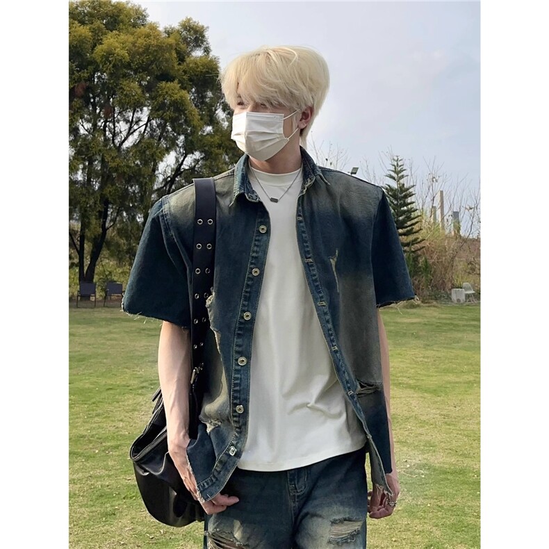 美式复古风破洞牛仔夹克衬衫男夏季穿搭帅短袖牛仔衬衫潮JK996，男装T恤，星座208-5