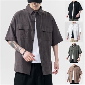 2021夏季新款日系大码男无影墙宽松工装亚麻棉麻短袖衬衫C552-P35图片