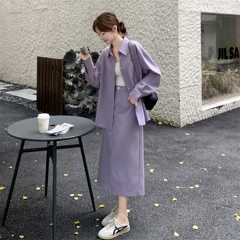 紫色时尚套装女2025秋季新款韩系气质单排扣衬衣高腰半身裙两件套图片