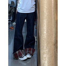【网图有货】美式格子拼接卷边牛仔裤男女阔腿裤子NZ011CC-特P48，男装牛仔裤，星座1007（原301D）