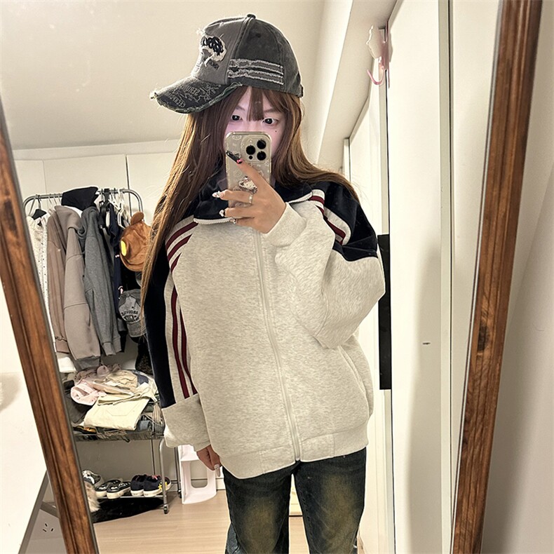 抖音得物高品质26春装美式高街重磅织带拼接撞色立领卫衣外套CM41,女装短外套,电商A486