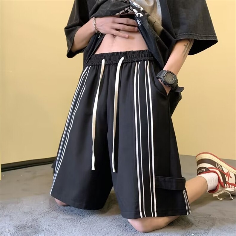 美式高街拼色短裤男夏季潮牌拉链设计感五分裤宽松休闲百搭运动裤,男装牛仔裤,星座1013