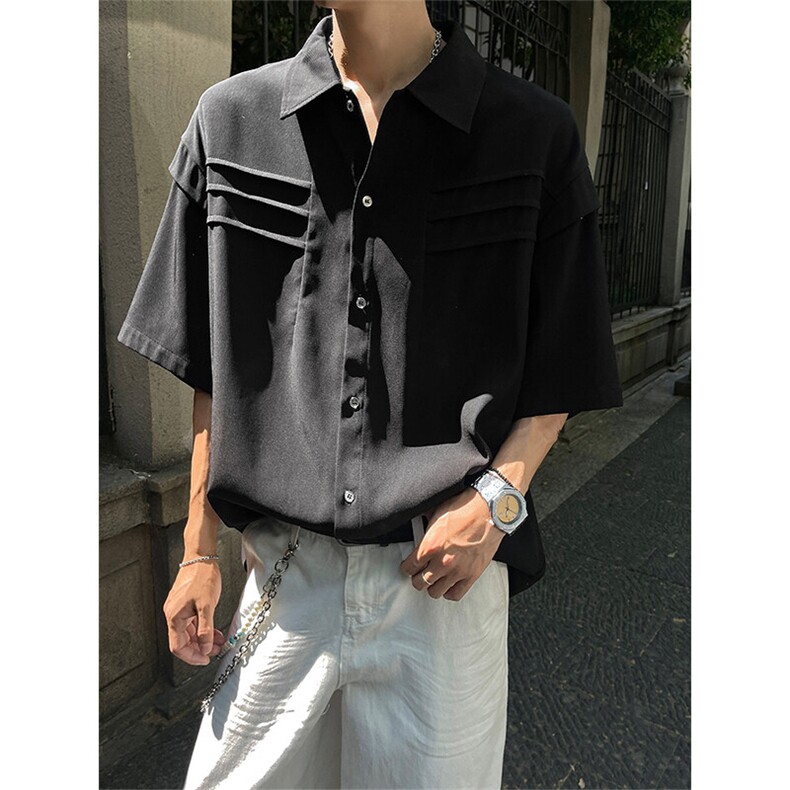 CS6019-P40控68夏季褶皱拼接短袖男宽松潮流冰丝衬衫,男装衬衫,电商A058-1（原电商C417）
