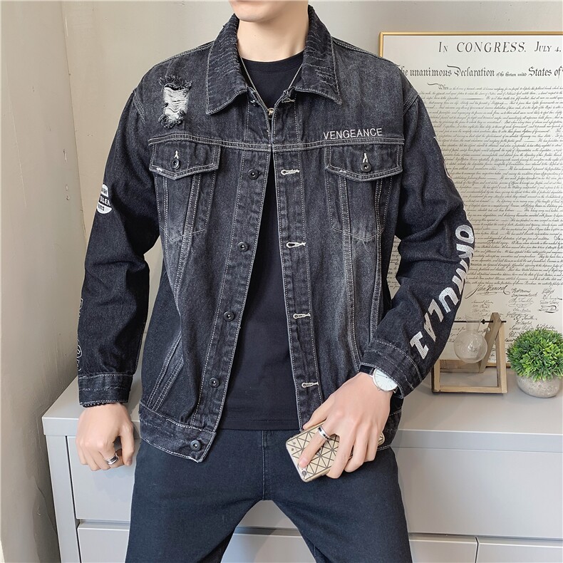JK818-p90-限价138现货店主风牛仔夹克肥仔量足破洞印花大码，男装夹克，星座103A