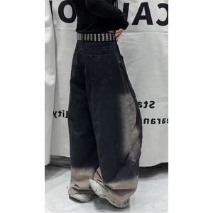美式高街黑色解构工装牛仔裤女多口袋工装阔腿拖地裤 B396-P72图片