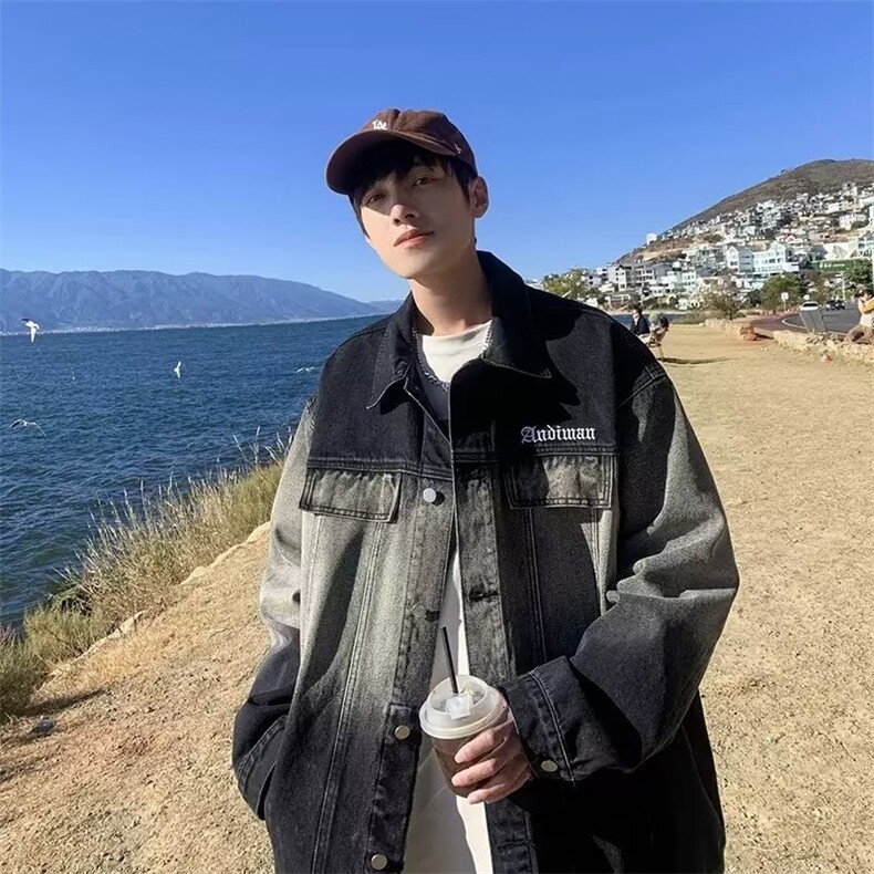 JK8898-P57美式渐变牛仔外套男春秋季高街潮牌复古宽松潮流，男装工装外套，电商B323A