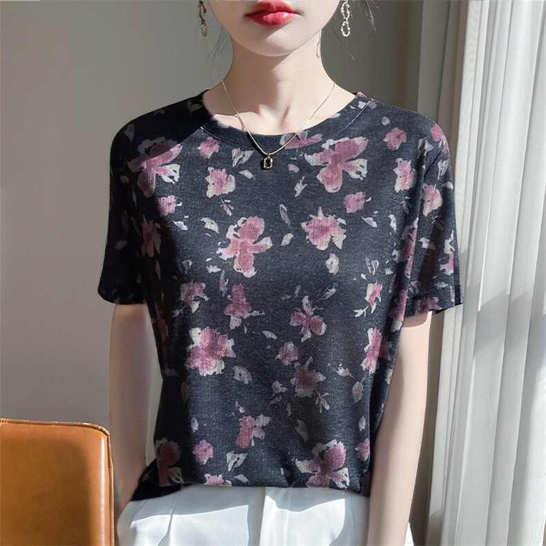 天丝正肩圆领短袖T恤女夏季新款莱赛尔舒适轻奢印花上衣宽松体恤,女装T恤,羊特美羊绒