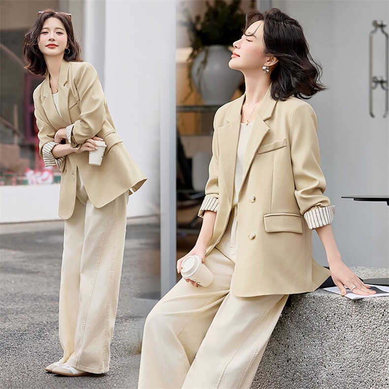 高级感时尚拼接西装外套女2025春季新款洋气百搭双排扣小西服上衣,女装西装,天丝秀