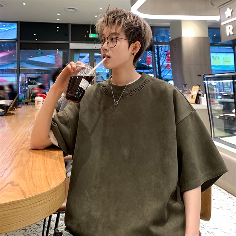 港风大码日系复古麂皮绒宽松套头圆领短袖T恤XZ213-T062-P35控48,男装T恤,星座213