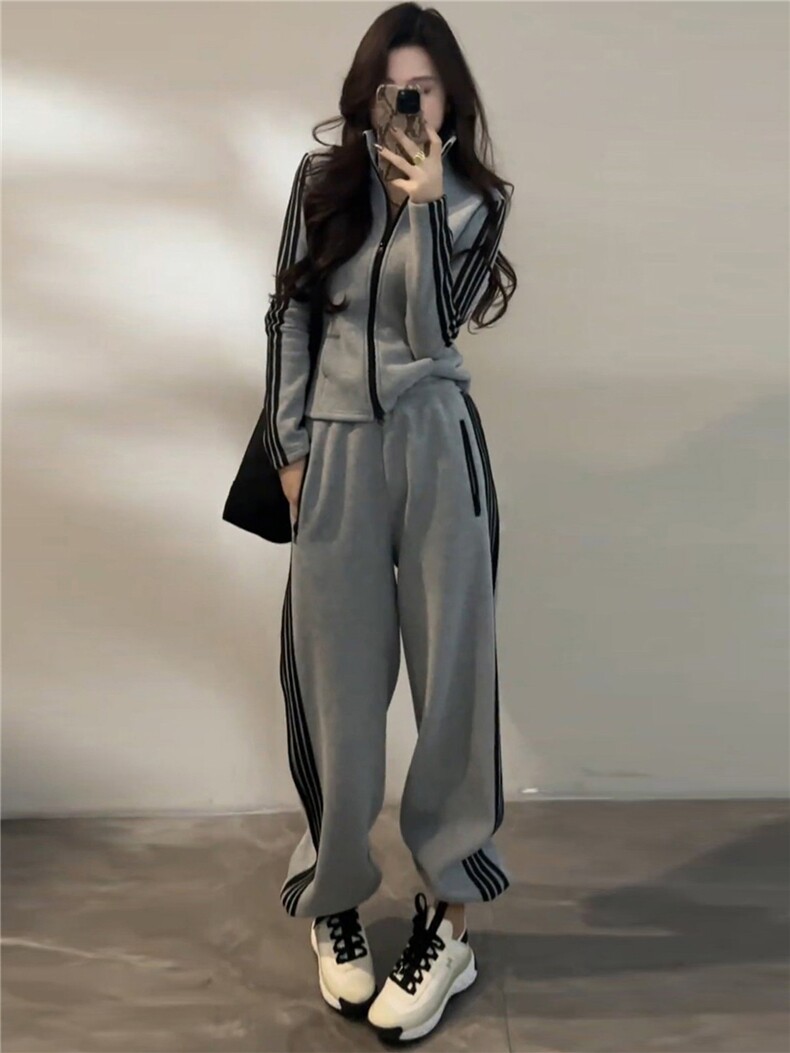 时尚休闲减龄套装女春新款修拉链开衫立领长袖上衣阔腿长裤两件套,女装套装/套裙,江南