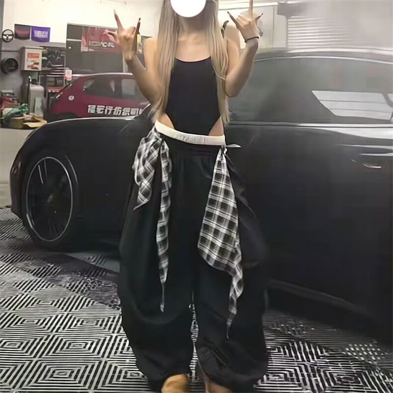 美式复古黑色屁帘休闲裤女夏季街头泽西风街舞叠穿宽松工装裤子潮,男装休闲裤,星座1210-1
