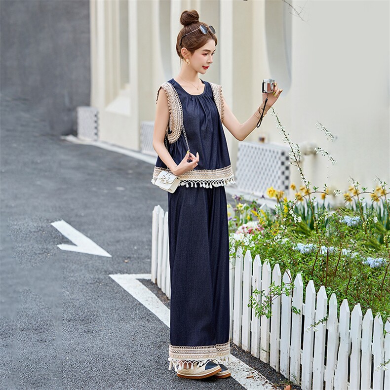 度假风蕾丝钩花拼接套装女2025夏季新款洋气无袖背心阔腿裤两件套,女装套装/套裙,布芭啦