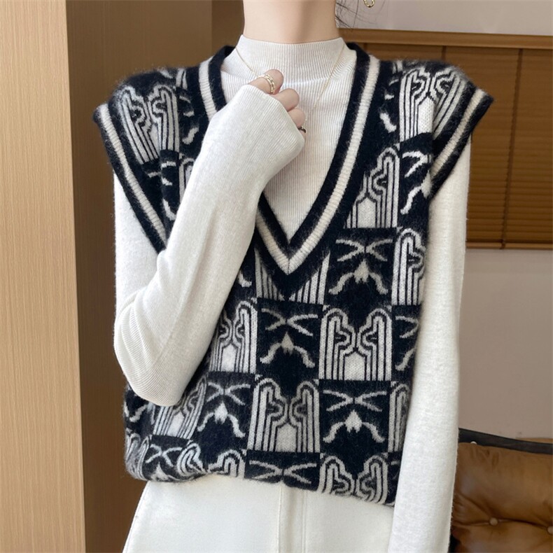 时尚女装秋季新款深V领无袖马甲休闲百搭显瘦针织背心气质优雅，女装马甲，美雪羊绒