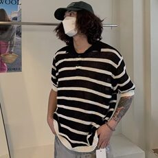 黑白条纹镂空冰丝针织衫美式polo衫短袖男夏季设计感t恤T5070-P40，男装T恤，星座1001-1