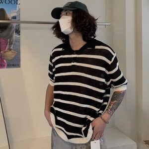黑白条纹镂空冰丝针织衫美式polo衫短袖男夏季设计感t恤T5070-P40图片