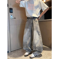 大码美式复古泼墨水洗阔腿牛仔裤男女2025街头vibe风宽松弯刀长裤，男装牛仔裤，星座813-2