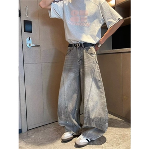 大码美式复古泼墨水洗阔腿牛仔裤男女2025街头vibe风宽松弯刀长裤图片