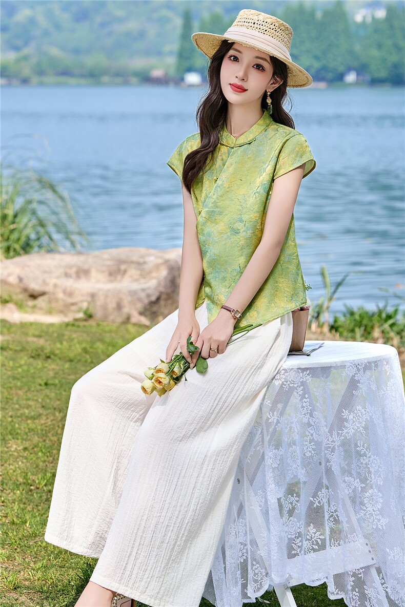 新中式套装女2026夏新款洋气不规则盘扣上衣+阔腿裤两件套,女装套装/套裙,姿衣坊
