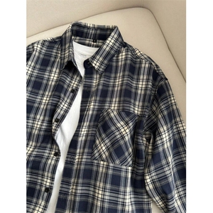 V3211HH-P38 美式复古cleanfit藏青色格子衬衫男美式衬衣外套春季图片