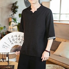 中国风夏季新款竹节亚麻棉麻V领刺绣T恤大码云纹仙气短袖T732，男装T恤，电商A021A