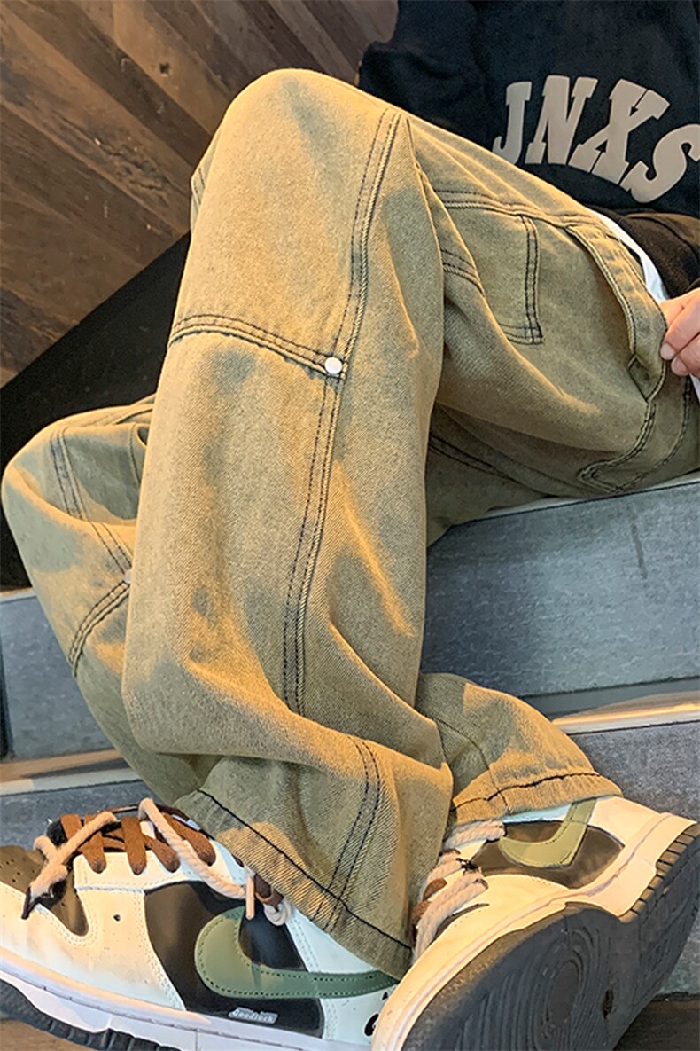抖音现货稻草黄宽松牛仔裤男GK07-P55限价68,男装牛仔裤,星座310A-1