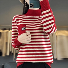 2025年秋季时尚百搭通勤简约休闲条纹半高，女装针织衫/毛衣，暖姿羊绒