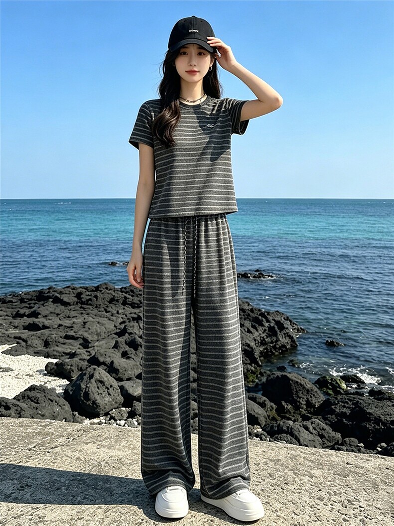 女夏季新款时尚休闲套装欧货圆领条纹短袖上衣高腰阔腿长裤两件套,女装套装/套裙,江南
