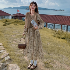 现货2D078-T1883-P165K238碎花连衣裙+麂皮绒马甲两件套，女装套装/套裙，2D078