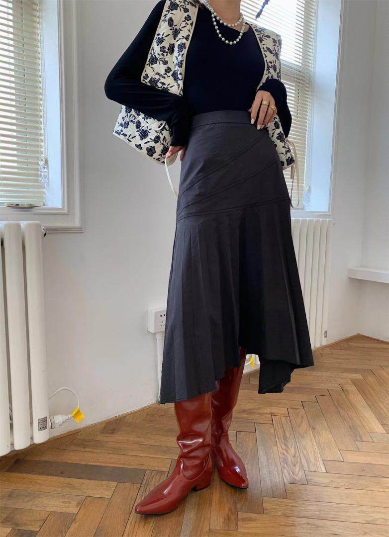 秋季新品，定制压褶，不规则设计半裙，女装半身裙，缈希