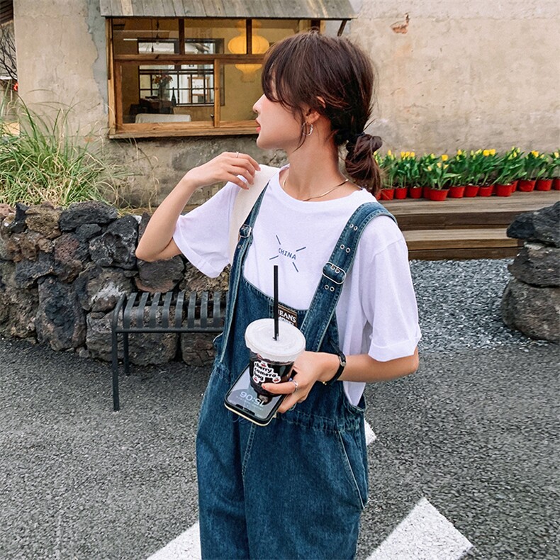 2023夏季新款休闲宽松显瘦牛仔松紧背带裤配纯色短袖T恤两件套女,女装连体裤,一九零