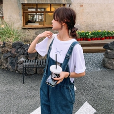 2023夏季新款休闲宽松显瘦牛仔松紧背带裤配纯色短袖T恤两件套女，女装连体裤，一九零