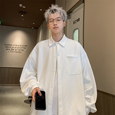 2025秋冬新款细条纹翻领大码衬衫港风男外套CS1802/特P30白色，男装衬衫，电商A094