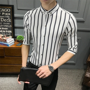 LT489-型男潮扣领休闲中袖衬衫夜店风修身七分袖衬衣