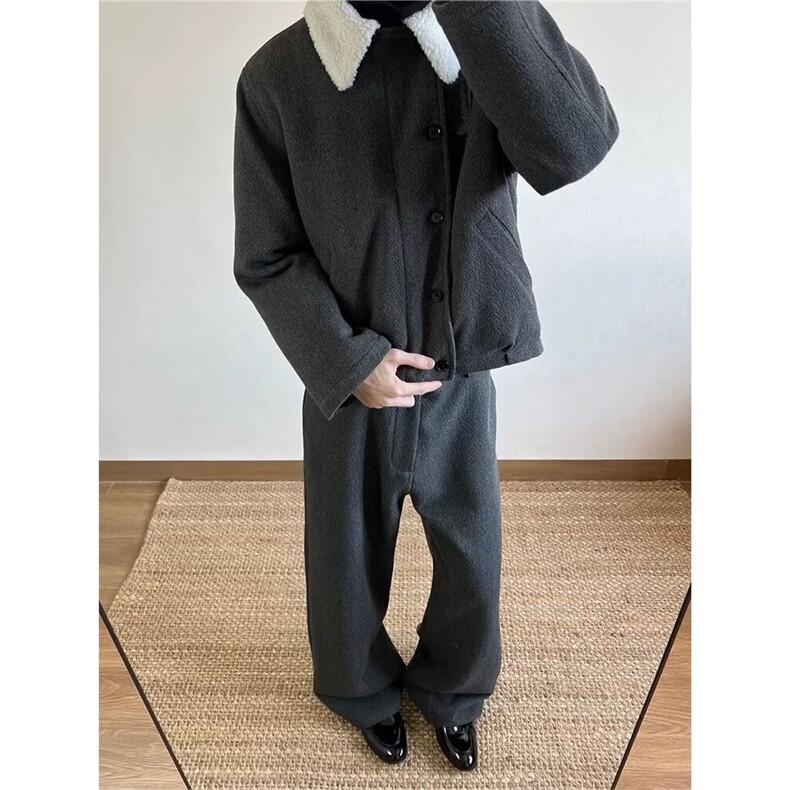 深灰色羊毛混纺羊羔毛内里夹克棉服男款冬季高级感美式复古短外套,男装夹克,星座813-2