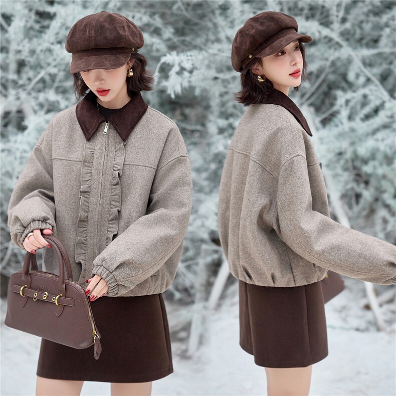 水衣源2902款撞色翻领木耳边羊毛呢外套女冬季夹棉保暖呢子夹克女，女装棉衣/棉服，水衣源