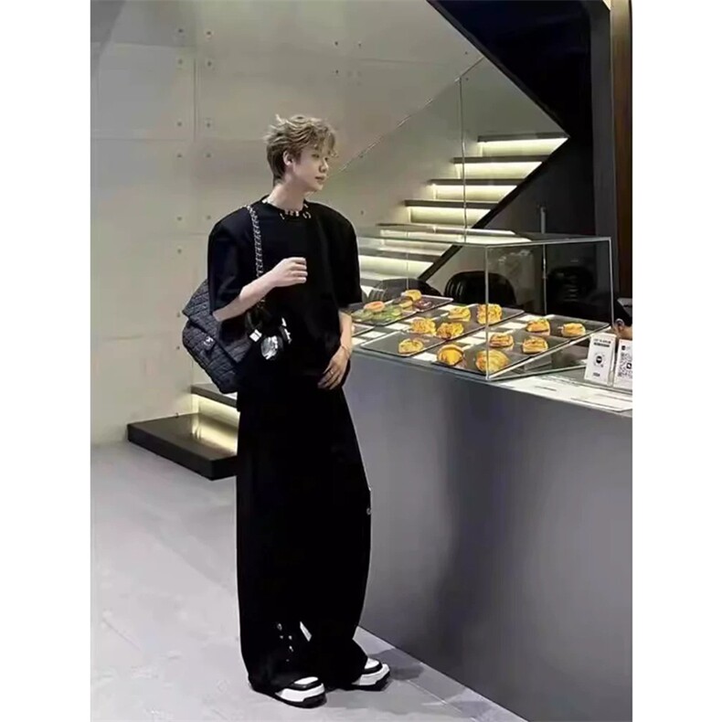 网图有货太空棉金属环扣黑色垫肩短袖男痞帅炸街t恤A462-P45,男装T恤,星座1505