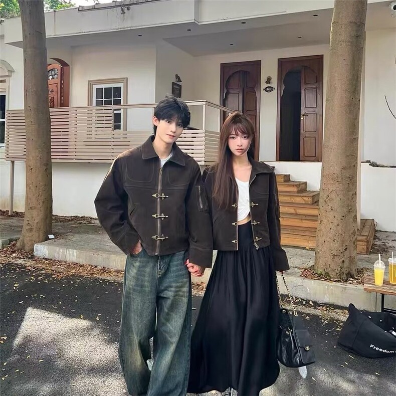 美式重磅鹿皮绒垫肩工装外套男女2025秋冬翻领飞行夹克男士潮时尚，男装夹克，星座613