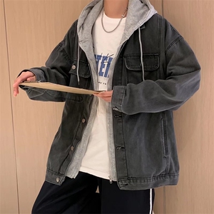 假两件牛仔外套男潮牌设计感夹克韩版潮流帅气连帽上衣JK6058-p70图片