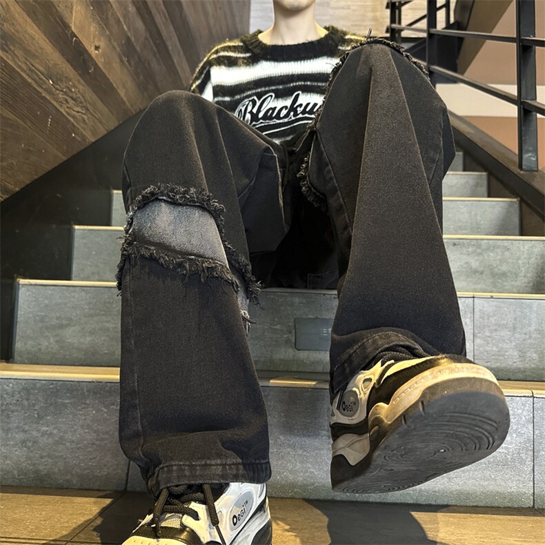 潮嘻哈风拼接牛仔裤男美式复古水洗高街宽松牛仔裤G8150-P45,男装牛仔裤,星座1001-1
