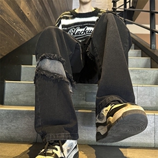 潮嘻哈风拼接牛仔裤男美式复古水洗高街宽松牛仔裤G8150-P45，男装牛仔裤，星座1001-1