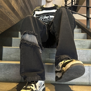 潮嘻哈风拼接牛仔裤男美式复古水洗高街宽松牛仔裤 G8150-P45图片