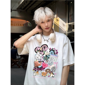 抖音得物供货210克现货宽松纯棉美式潮牌印花落肩袖纯棉T恤AT2143图片
